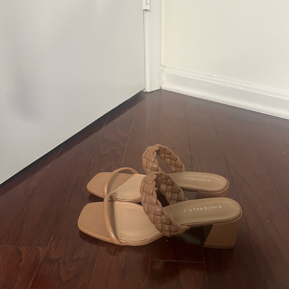 Nude braided heeled sandals, size 8